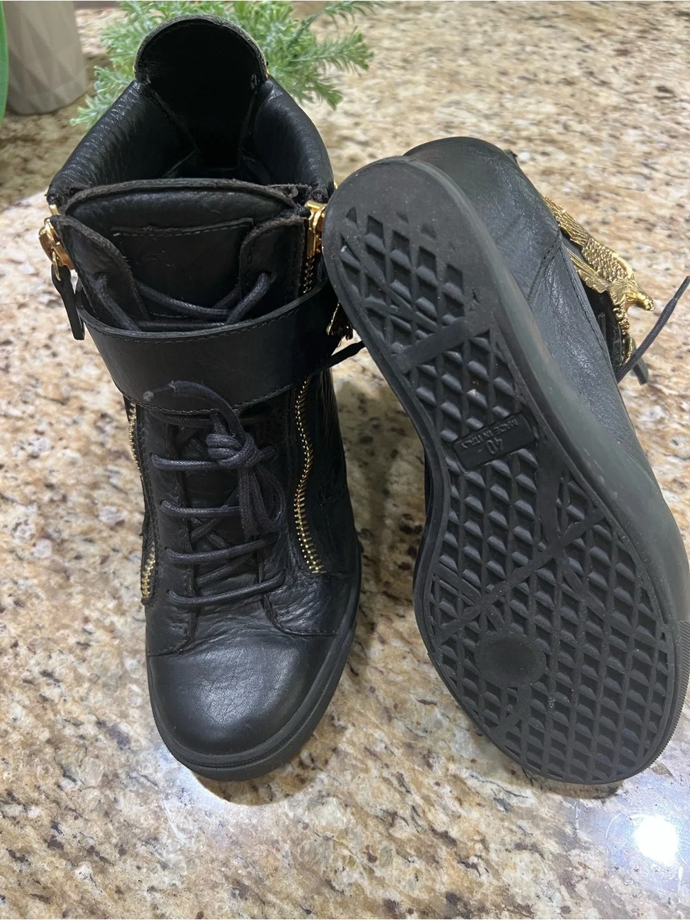 Giuseppe Zanotti Black Wedge Lace-Up Ankle Sneakers with Gold Eagle Emblem 40